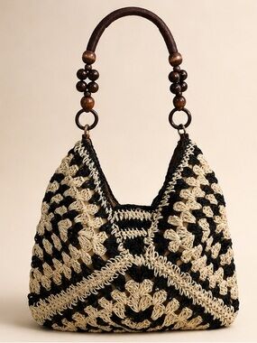 Boho Crochet Shoulder Bag Wood Bead Handle Summer Tote
